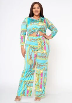 Plus Size Brocade Print Collar Top & Flare Pants Set -FemiLook Sales Store 2022562 001 4