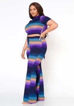 Plus Size Gradient Color Print Crop Top & Ribbed Pants Set -FemiLook Sales Store 2022574 002 2