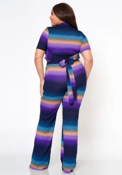 Plus Size Gradient Color Print Crop Top & Ribbed Pants Set -FemiLook Sales Store 2022574 002 3