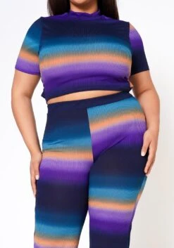 Plus Size Gradient Color Print Crop Top & Ribbed Pants Set -FemiLook Sales Store 2022574 002 4