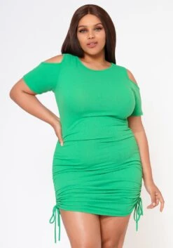 Plus Size Ribbed Knit Cold Shoulder Mini Dress