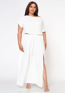 Plus Size Sincere Crop Blouse & Flare Maxi Skirt Set -FemiLook Sales Store 2022594 001 1