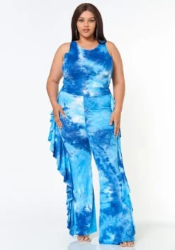 Plus Size Tie Dye Racerback Top & Ruffle Trim Pants Set -FemiLook Sales Store 2022620 001 1