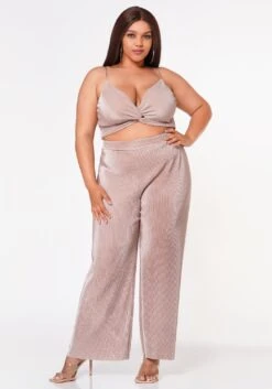 Plus Size Pleated Twist Hem Cami Top & Flare Pants Set