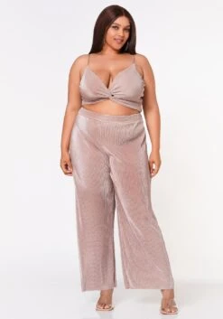 Plus Size Pleated Twist Hem Cami Top & Flare Pants Set -FemiLook Sales Store 2022635 002 2