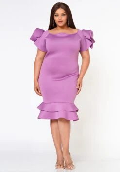 Plus Size Ruffle Flower Shoulder Midi Dress
