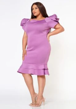 Plus Size Ruffle Flower Shoulder Midi Dress -FemiLook Sales Store 2022638 004 4