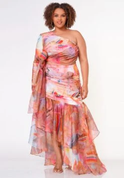 Plus Size Multi Print Ruffled Flare Maxi Skirt