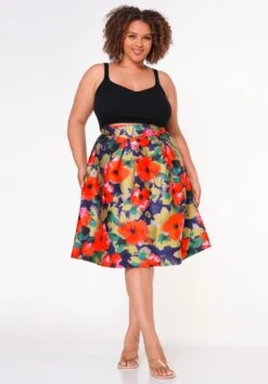 Plus Size Floral High Waist Flare Midi Skirt -FemiLook Sales Store 2022652 001 2