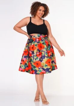 Plus Size Floral High Waist Flare Midi Skirt -FemiLook Sales Store 2022652 001 3