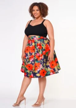 Plus Size Floral High Waist Flare Midi Skirt -FemiLook Sales Store 2022652 001 4